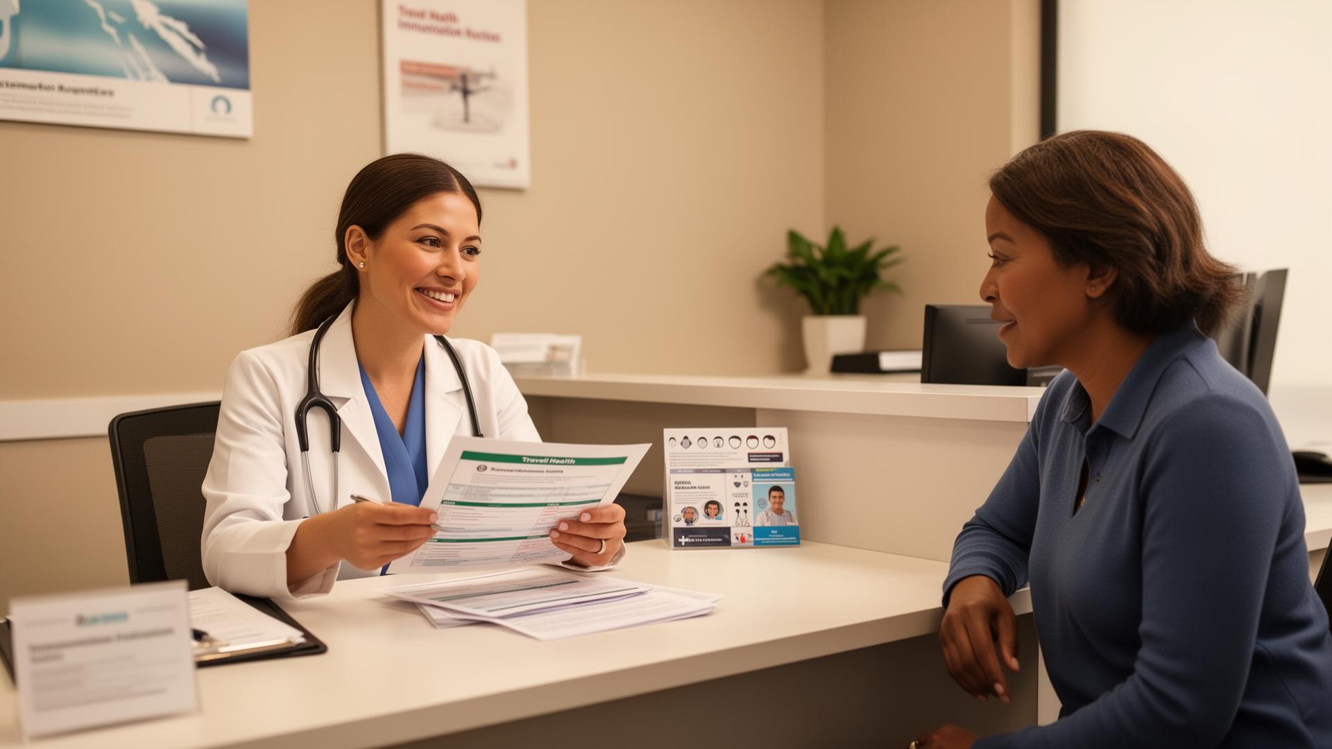 Healthcare provider reviewing travel health documents and immunization records with a patient in a clean clinic setting